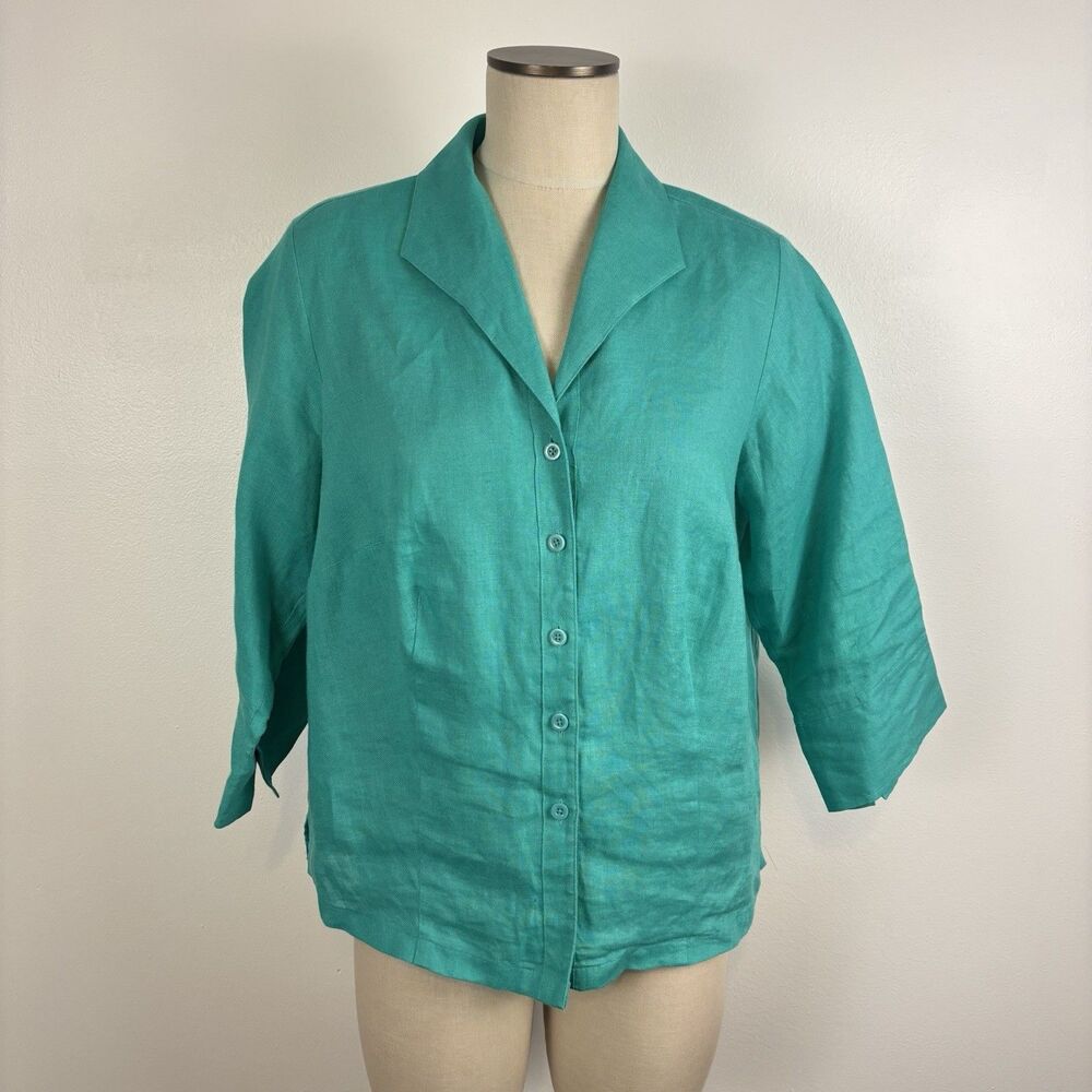 VTG Talbots Womens 12 W Irish Linen Teal Blue Button Up Shirt Top Blouse